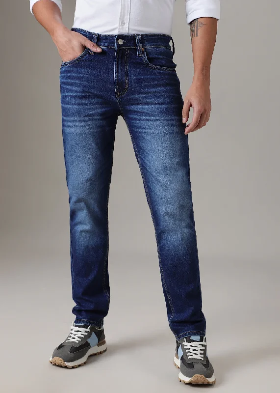 Men's Jeans with Embroidered LogosClassic Blue Slim Fit Denim