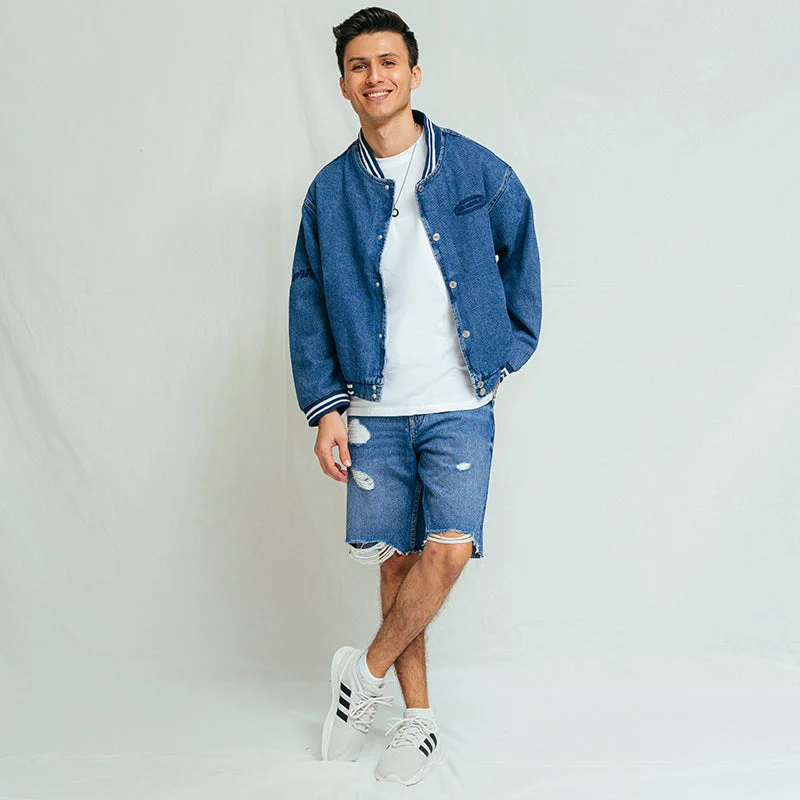 Men's Jeans with EmbroideryRipped denim Bermuda shorts