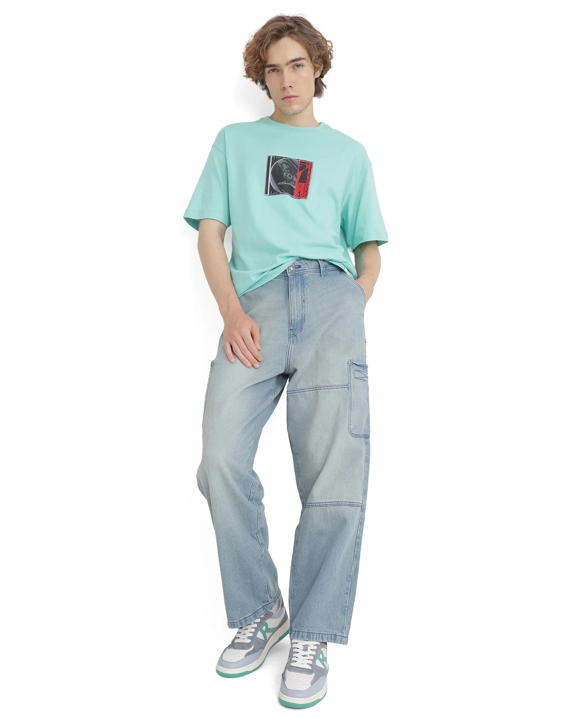 Men's Jeans for SportsRare Rabbit Men's Ruei Light Blue Cotton Fabric Baggy Fit Plain Jeans