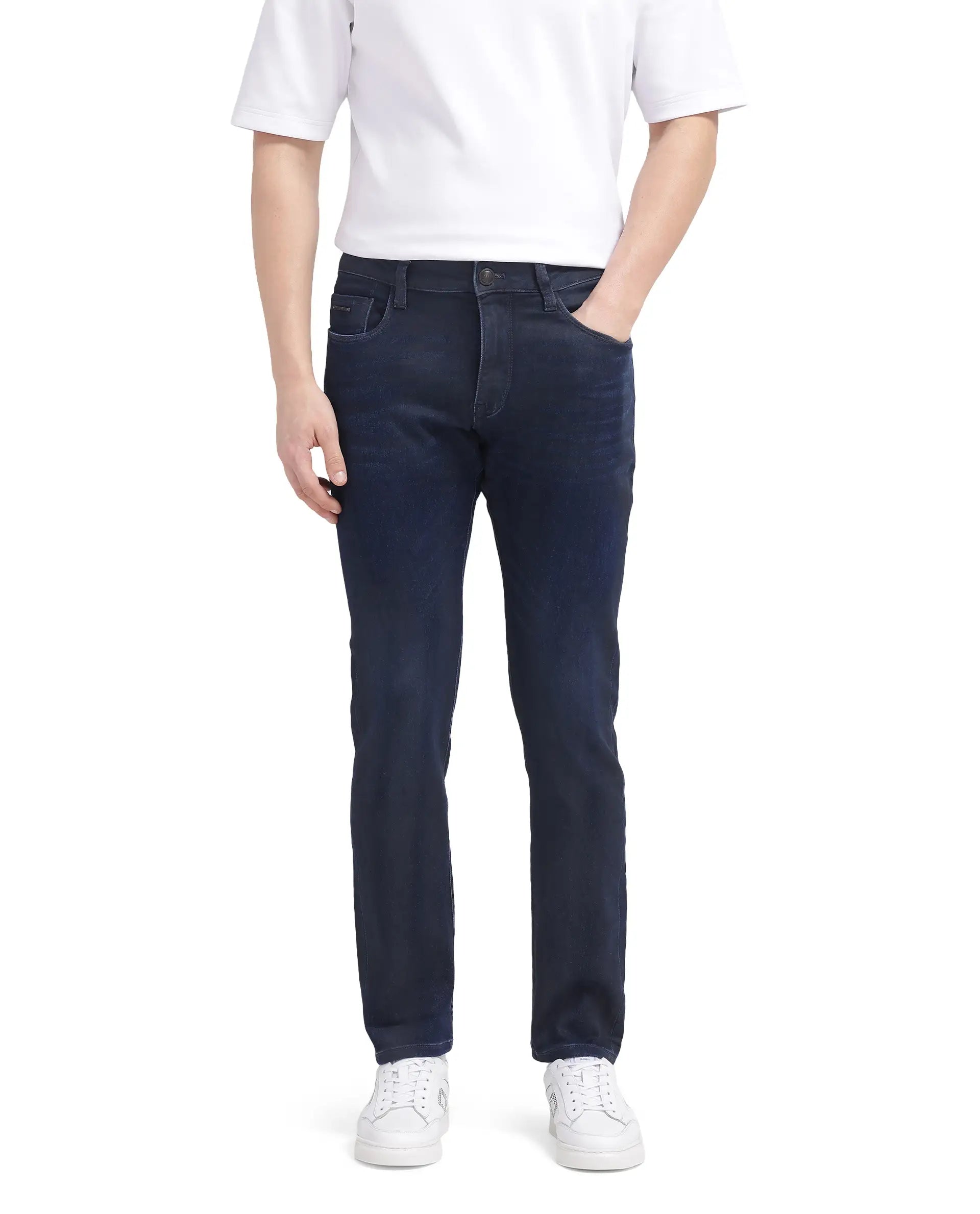 High-Quality Men's JeansRare Rabbit Men Burd Blue Cotton Polyester Fabric Slim Fit Dark Wash Plain Denim Pant High-Quality Men's JeansRare Rabbit Men Burd Blue Cotton Polyester Fabric Slim Fit Dark Wash Plain Denim Pant