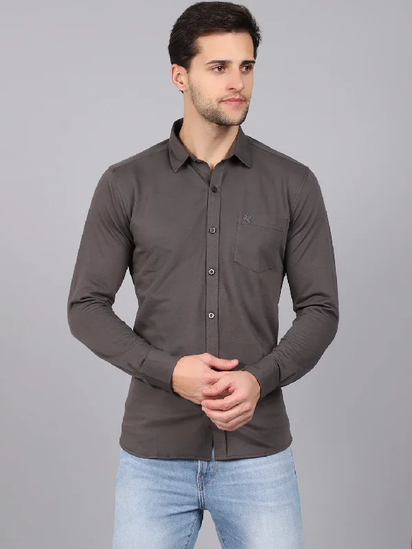 Men's Machine-Washable Shirts for ConvenienceMen's Dark Grey Casual Knit Jersey Full Sleeve Shirt
