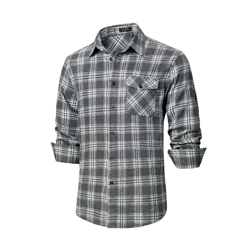 Casual Men's Button-Down ShirtsPlaid Men's Flannel Shirt With Pockets - 6A-GREY-02