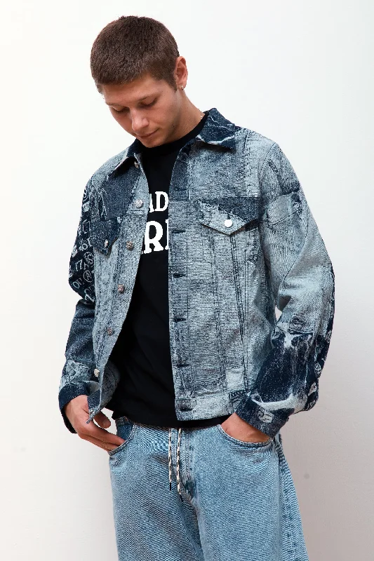 Men's Coats with Quick-Dry FabricPatchwork Jacquard Trucker Jacket Indigo