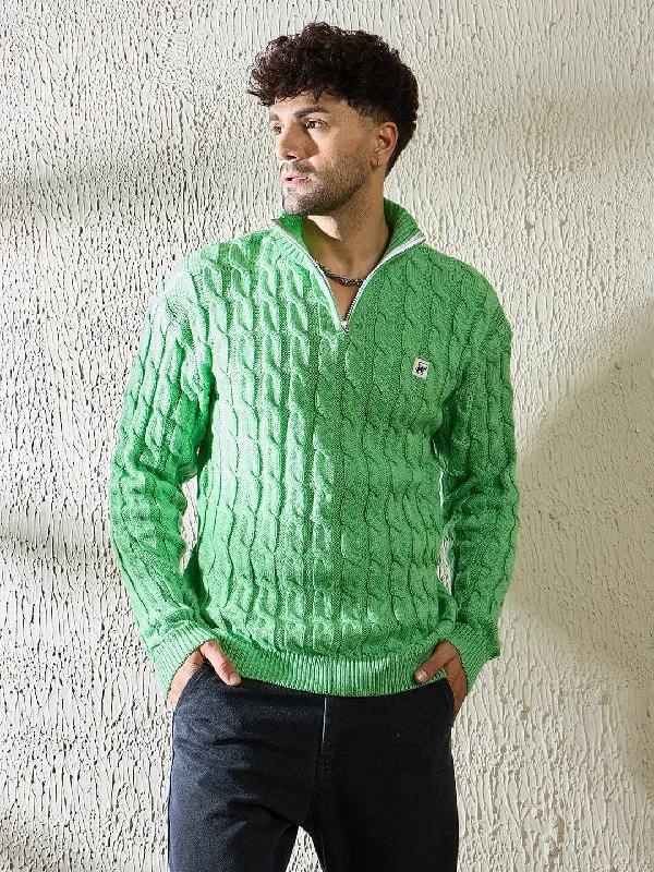 Men's Sweaters with Pleated DesignsMint Cable Knit Quarter Zip Turtleneck Sweater
