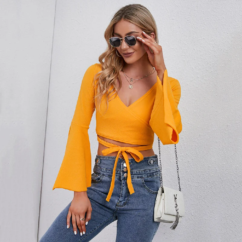 Men's Shirts for BoatingKittenAlarm - Women V-neck trumpet-sleeve top long sleeve T-shirt with crop Men's Shirts for BoatingKittenAlarm - Women V-neck trumpet-sleeve top long sleeve T-shirt with crop