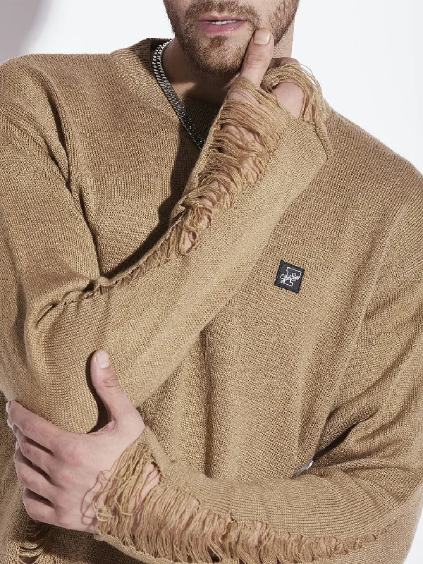Men's Sweaters with Unique and Custom DesignsBeige Damaged Raw Edge Sweater