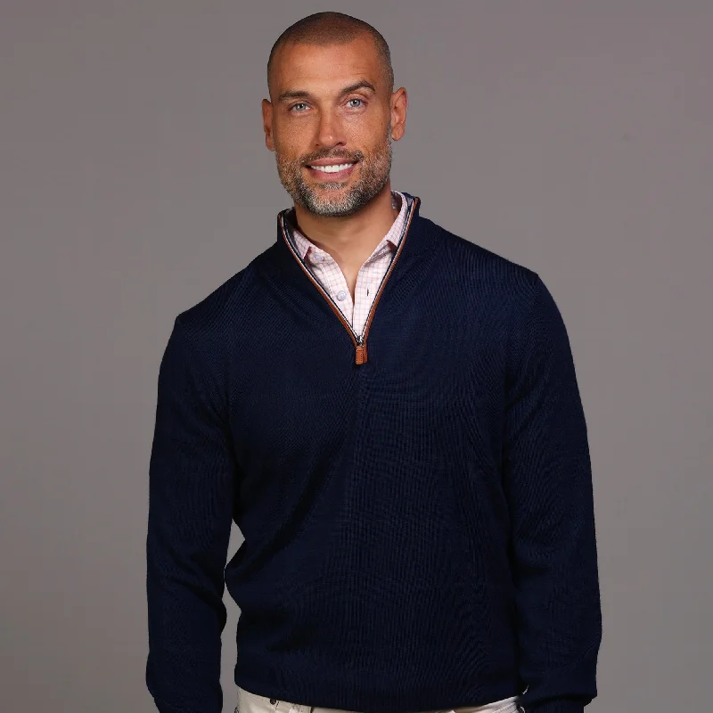 Men's Sweaters with High-Neck DesignsNavy with Brown Suede Trim Cashmere Touch Australian Merino Quarter Zip Sweater Men's Sweaters with High-Neck DesignsNavy with Brown Suede Trim Cashmere Touch Australian Merino Quarter Zip Sweater