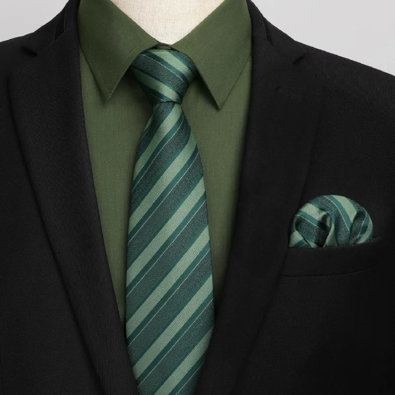 Men's Insulated Shirts for Cold WeatherMen's Shirt with Tie Handkerchief Set - GREEN/STRIPED Men's Insulated Shirts for Cold WeatherMen's Shirt with Tie Handkerchief Set - GREEN/STRIPED