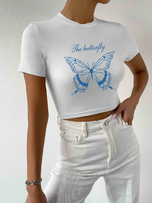 Men's Shirts with Barrel CuffsKittenAlarm - Butterfly and Letter Graphic Crop Tee