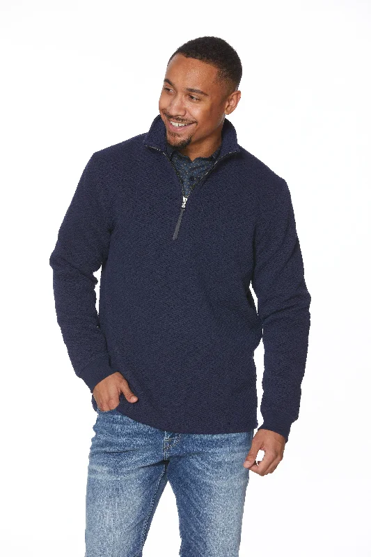 Men's Sweaters with Relaxed FitsTextured Eco-Friendly Half Zip Mock Neck Sweater in Navy by Leo Chevalier Men's Sweaters with Relaxed FitsTextured Eco-Friendly Half Zip Mock Neck Sweater in Navy by Leo Chevalier