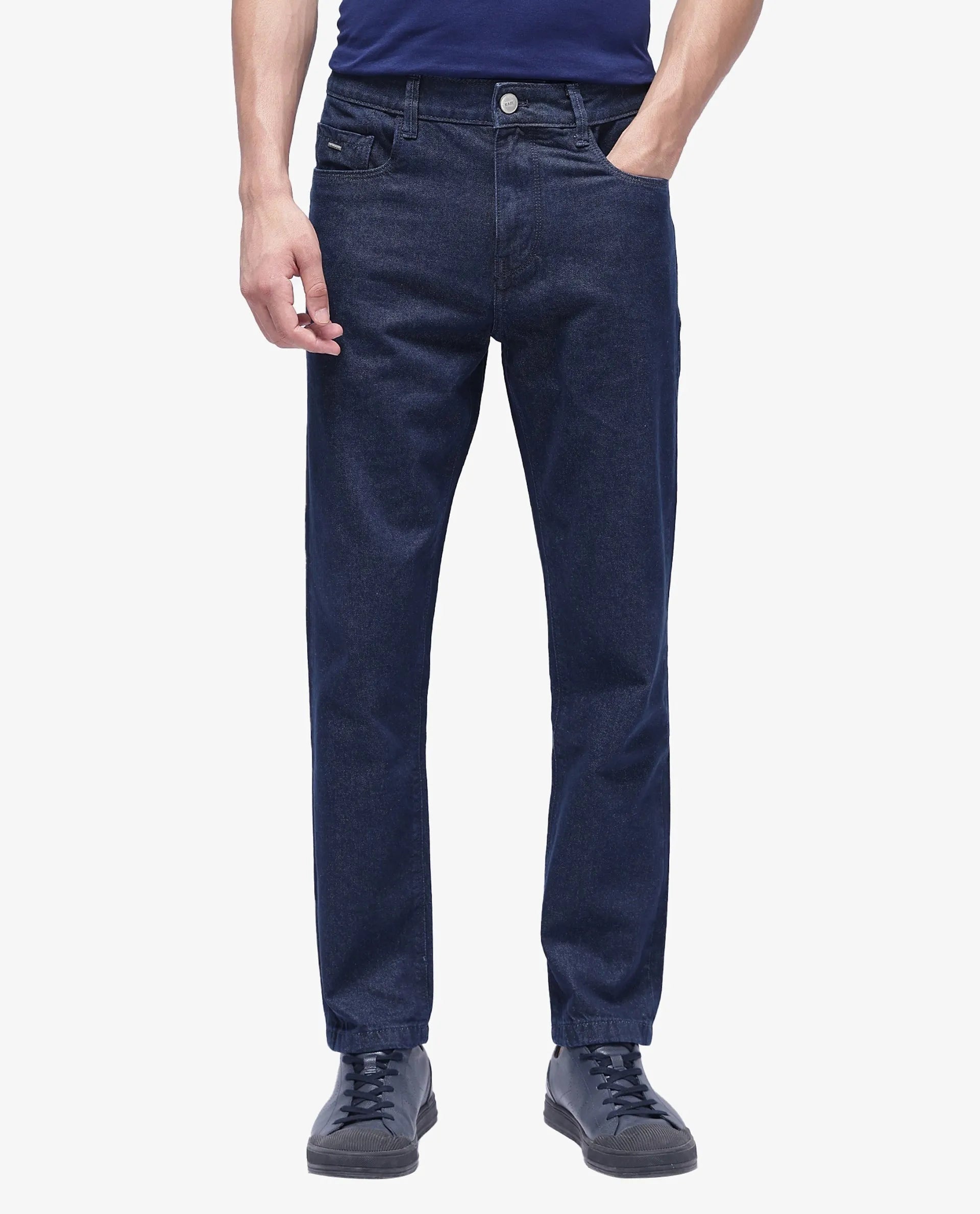 Men's Jeans with PocketsRare Rabbit Men Gleb Dark Blue Cotton Fabric Mid Rise Carrot Fit Mid Wash Plain Denim Trousers Men's Jeans with PocketsRare Rabbit Men Gleb Dark Blue Cotton Fabric Mid Rise Carrot Fit Mid Wash Plain Denim Trousers