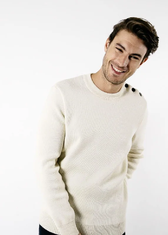 Men's Sweaters with Skinny FitsCANCALE - Wool Fisherman Sweater with Button Shoulder | Loose Fit (ECRU) Men's Sweaters with Skinny FitsCANCALE - Wool Fisherman Sweater with Button Shoulder | Loose Fit (ECRU)