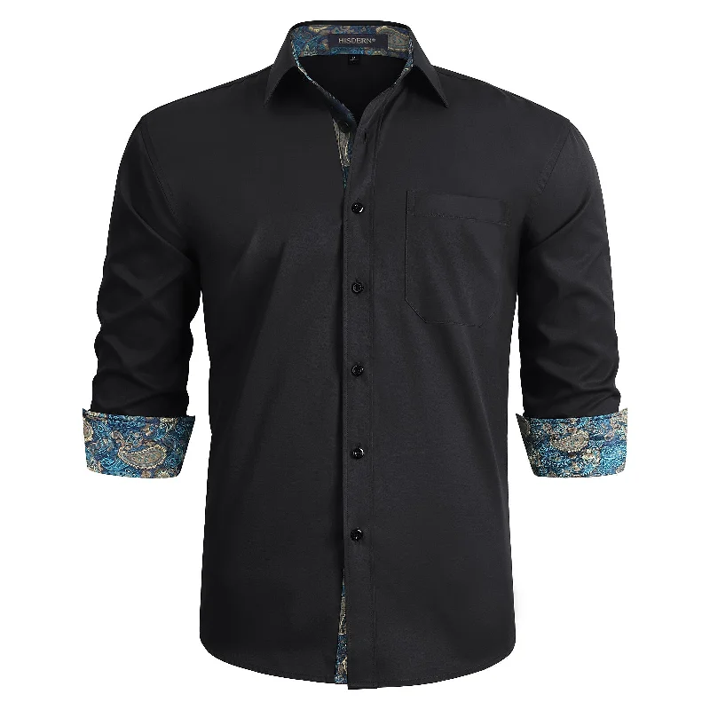 Men's Cufflink-Ready Shirts for Formal EventsMen's Patchwork Dress Shirt with Pocket - BLACK/AUQA Men's Cufflink-Ready Shirts for Formal EventsMen's Patchwork Dress Shirt with Pocket - BLACK/AUQA