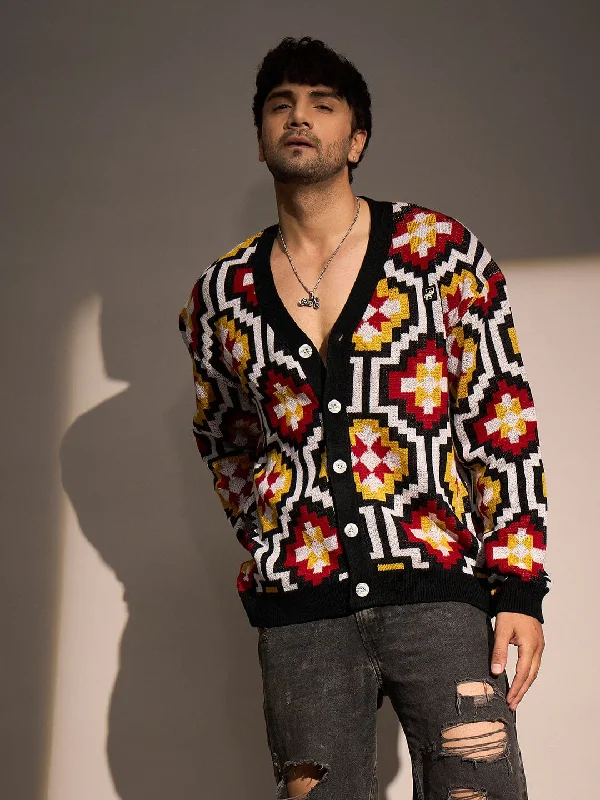 Men's Sweaters with Kangaroo PocketsBlack Geometric Pattern Cardigan