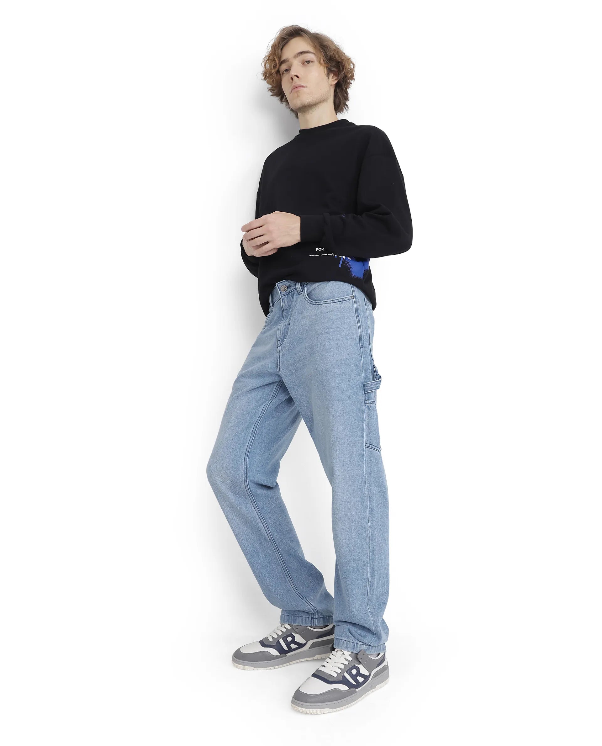 Jeans for Men with a Curvy BodyRare Rabbit Men's Carpenter-2 Blue Cotton Fabric Light Wash Carpenter Fit Solid Jeans Jeans for Men with a Curvy BodyRare Rabbit Men's Carpenter-2 Blue Cotton Fabric Light Wash Carpenter Fit Solid Jeans