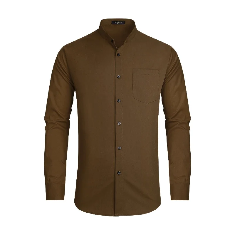 Men's Moisture-Wicking Shirts for All-Day ComfortMen's Brown Grandad Collar Shirt Wedding Regular Fit with Pocket Men's Moisture-Wicking Shirts for All-Day ComfortMen's Brown Grandad Collar Shirt Wedding Regular Fit with Pocket
