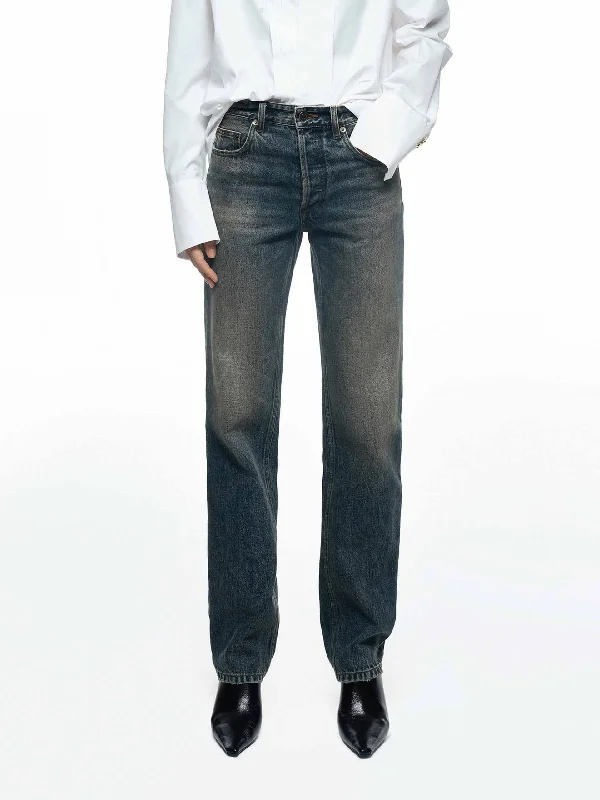 Leather Patch Men's JeansVintage Washed Cotton Jeans