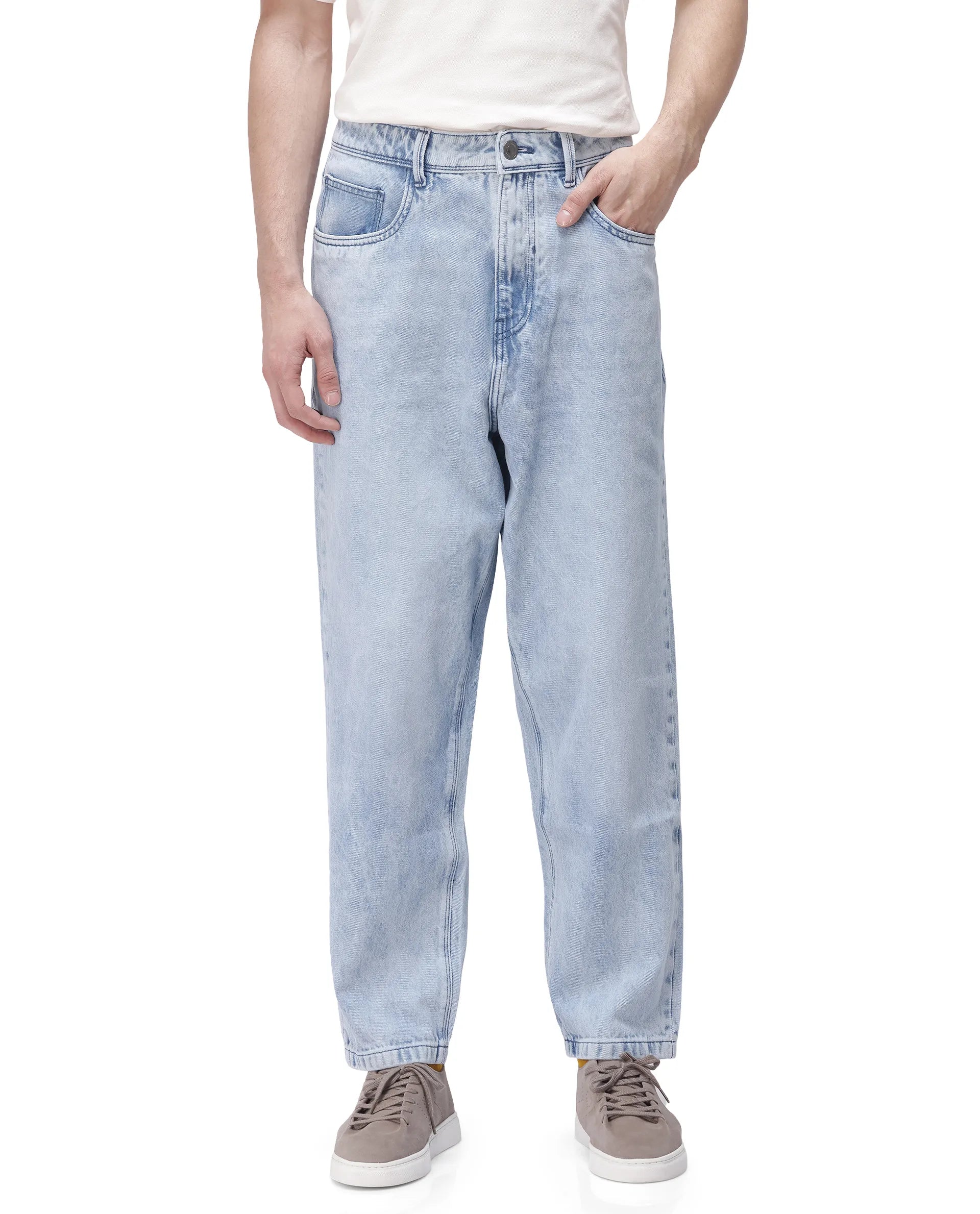 Stylish Men's JeansRare Rabbit Men's Evet Pastel Blue Cotton Fabric Rinse Wash Mid Rise Baggy Fit Plain Jeans