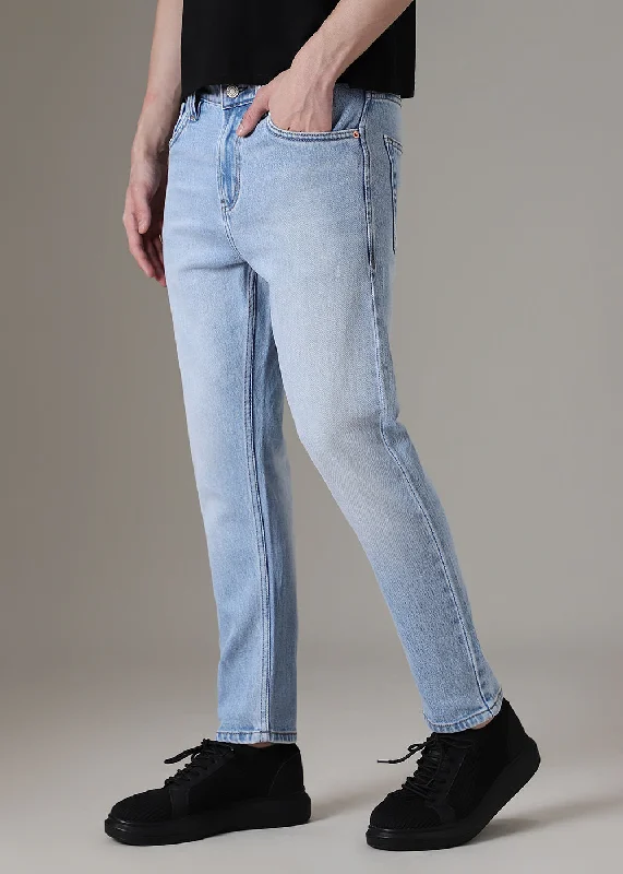 Casual Ripped Men's JeansMid Blue Straight Fit Denim