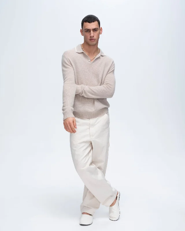 Men's Sweaters for Winter SportsCashmere Long Sleeve Polo Sweater with Tipping - Soft Beige-Chalk Men's Sweaters for Winter SportsCashmere Long Sleeve Polo Sweater with Tipping - Soft Beige-Chalk