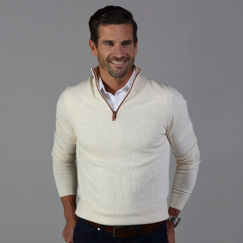 Elegant Men's Shawl-Collar SweatersCream with Brown Suede Trim Luxury Touch Cotton and Cashmere Quarter Zip Sweater Elegant Men's Shawl-Collar SweatersCream with Brown Suede Trim Luxury Touch Cotton and Cashmere Quarter Zip Sweater
