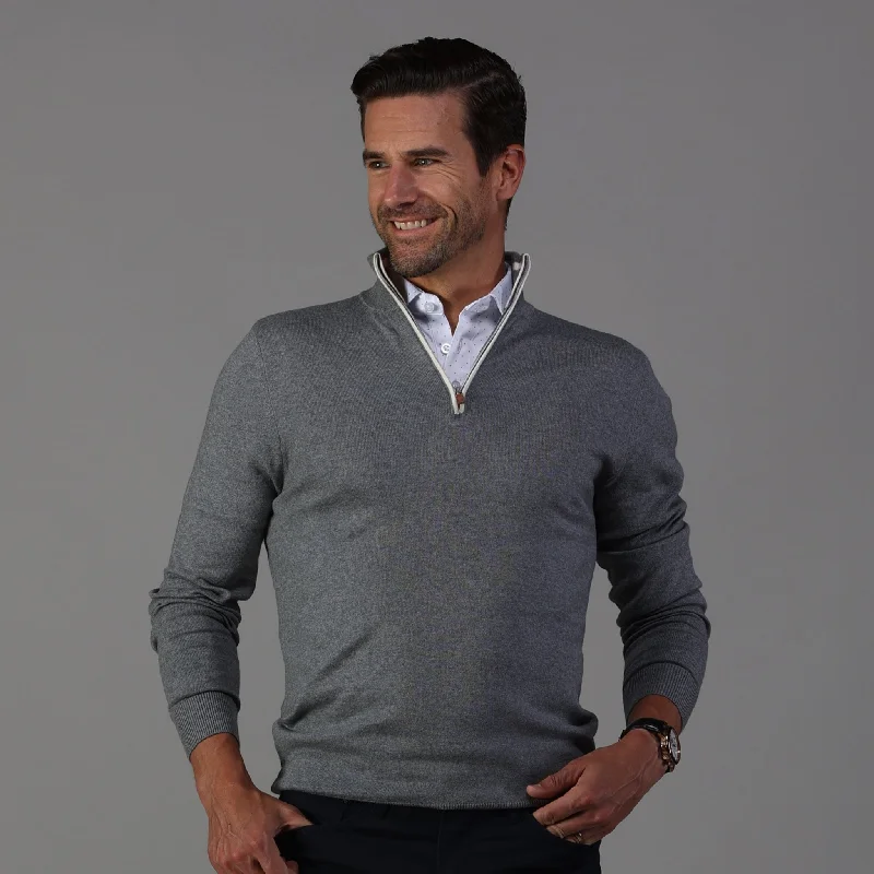 Men's Sweaters with Adjustable HemlinesGrey with White Trim Luxury Touch Cotton and Cashmere Quarter Zip Sweater