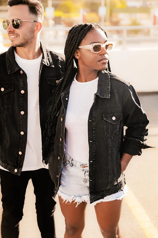 Men's Sweaters with Patch PocketsBlack Distressed Denim Jacket - Adults