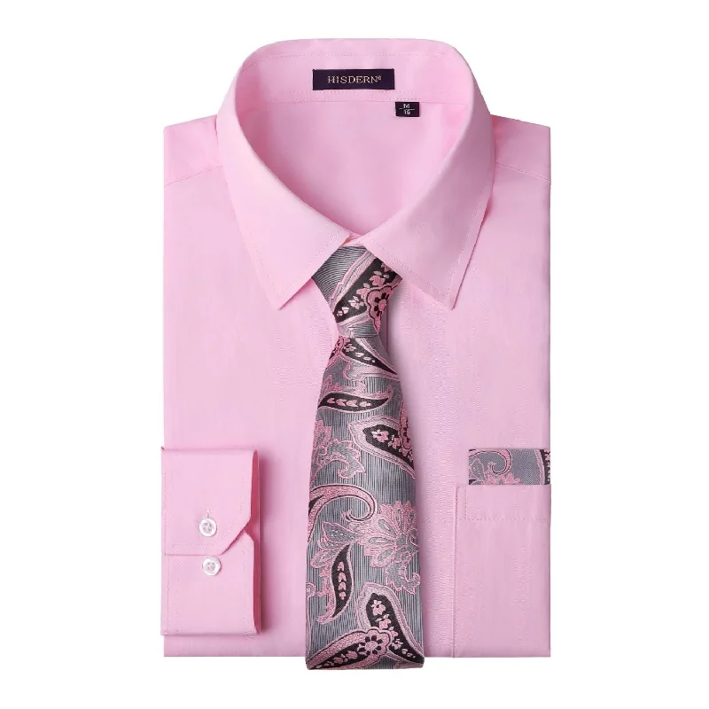 Men's French-Cuff Shirts for a Sophisticated EdgeMen's Shirt with Tie Handkerchief Set - PINK/PINK TIE Men's French-Cuff Shirts for a Sophisticated EdgeMen's Shirt with Tie Handkerchief Set - PINK/PINK TIE