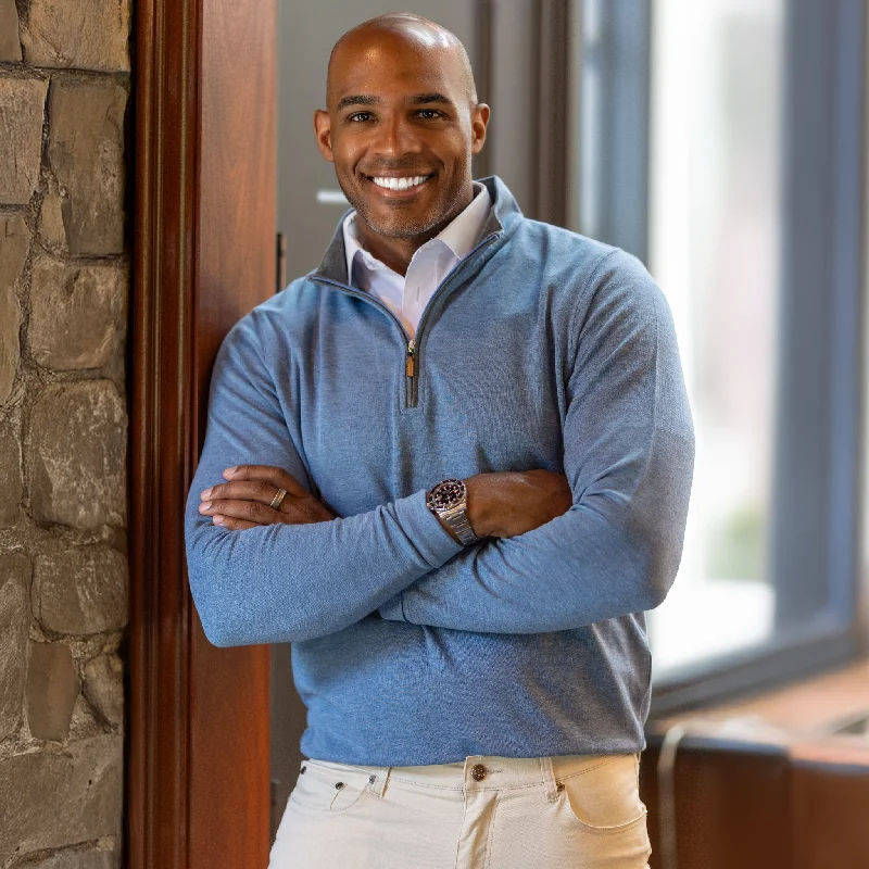 Men's Sweaters with Argyle PatternsMedium Blue Heather Cloud Cotton Quarter Zip Pullover Men's Sweaters with Argyle PatternsMedium Blue Heather Cloud Cotton Quarter Zip Pullover
