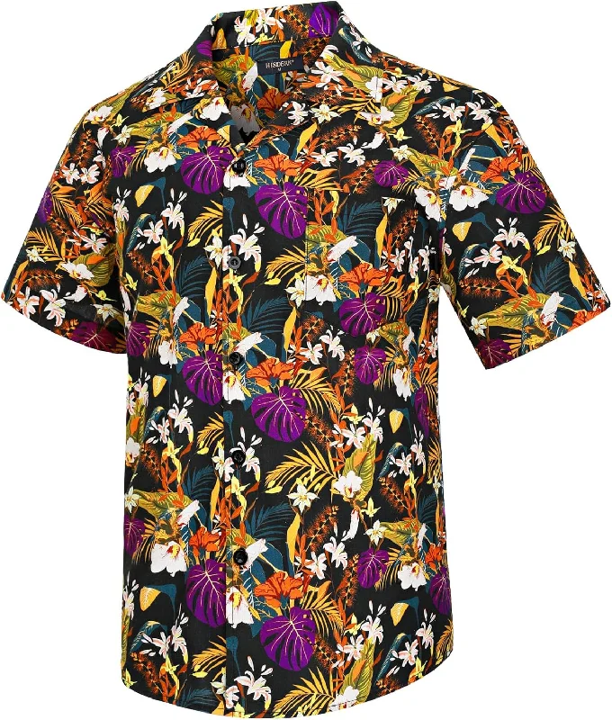 Versatile Men's Short-Sleeve ShirtsYellow Purple Floral Button Up Hawaiian Shirt For Summer Vacation Versatile Men's Short-Sleeve ShirtsYellow Purple Floral Button Up Hawaiian Shirt For Summer Vacation