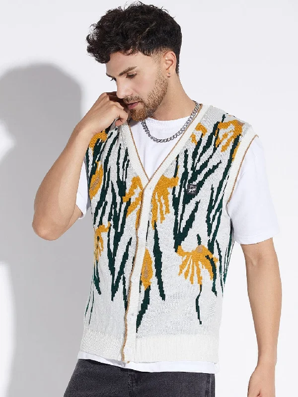 Men's Sweaters with Mock-Neck DesignsWhite Printed Sleeveless Cardigan