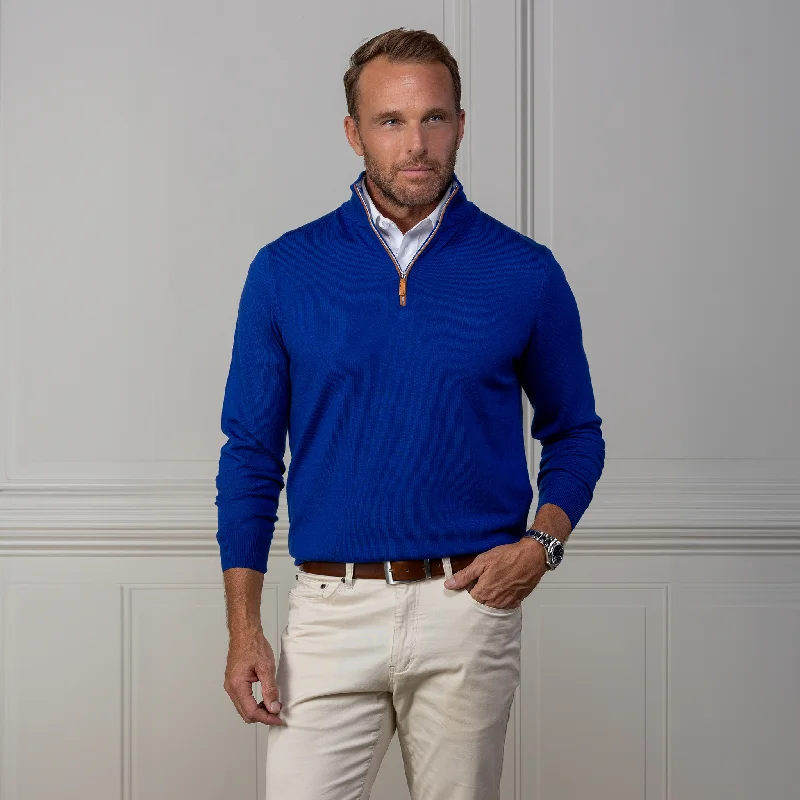 Men's Sweaters with Pleated DesignsRoyal Blue with Brown Suede Trim Cashmere Touch Australian Merino Quarter Zip Sweater Men's Sweaters with Pleated DesignsRoyal Blue with Brown Suede Trim Cashmere Touch Australian Merino Quarter Zip Sweater