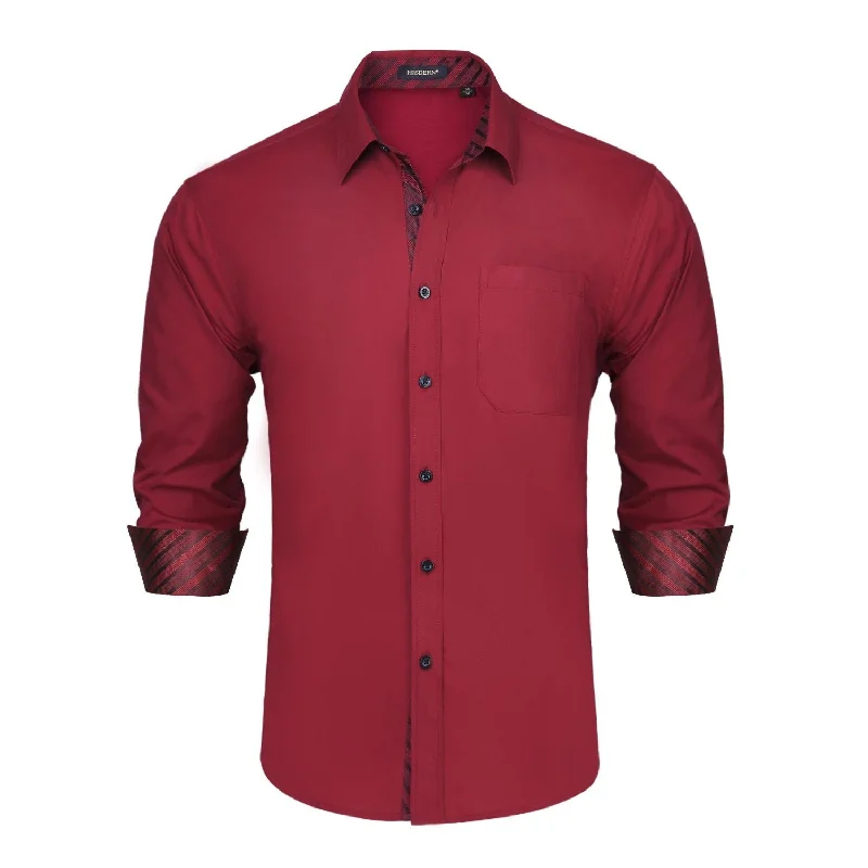 Men's Organic Cotton Shirts for Eco-ConsciousnessMen's Patchwork Dress Shirt with Pocket - BURGUNDY/STRIPED Men's Organic Cotton Shirts for Eco-ConsciousnessMen's Patchwork Dress Shirt with Pocket - BURGUNDY/STRIPED