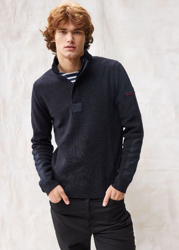 Men's Sweaters for Dressy EventsLOUP DE MER II - Quarter Zip Sweater with Forearm Canvas Trim For Men| 100% Wool (NAVY) Men's Sweaters for Dressy EventsLOUP DE MER II - Quarter Zip Sweater with Forearm Canvas Trim For Men| 100% Wool (NAVY)