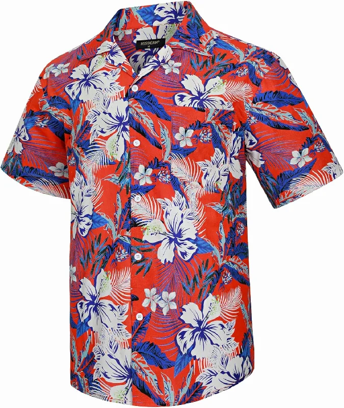 Men's Solid-Color Button-Down Shirts for VersatilityRed Floral Button Up Hawaiian Shirt For Summer Vacation Men's Solid-Color Button-Down Shirts for VersatilityRed Floral Button Up Hawaiian Shirt For Summer Vacation