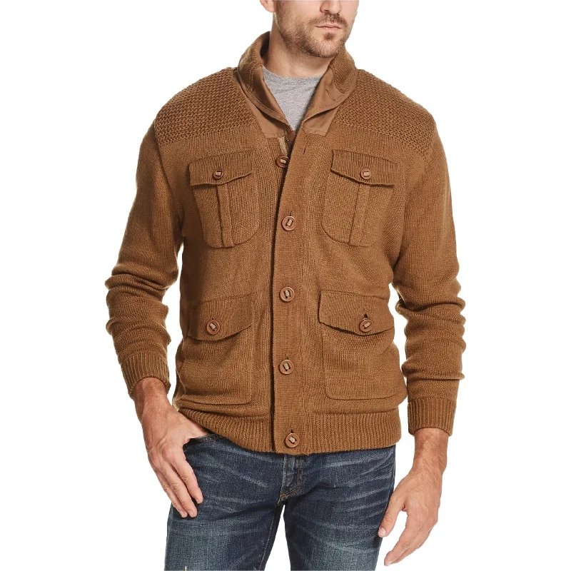 Warm Men's Hooded SweatersWeatherproof Mens Fleece-Lined 4-Pocket Cardigan Sweater, Beige, Medium