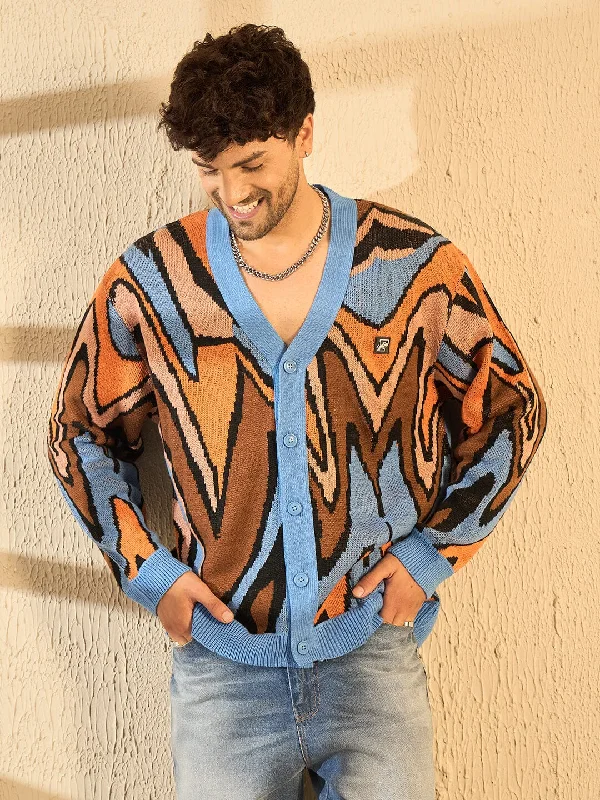 Men's Sweaters with Shawl CollarsBlue Abstract Graphic Cardigan
