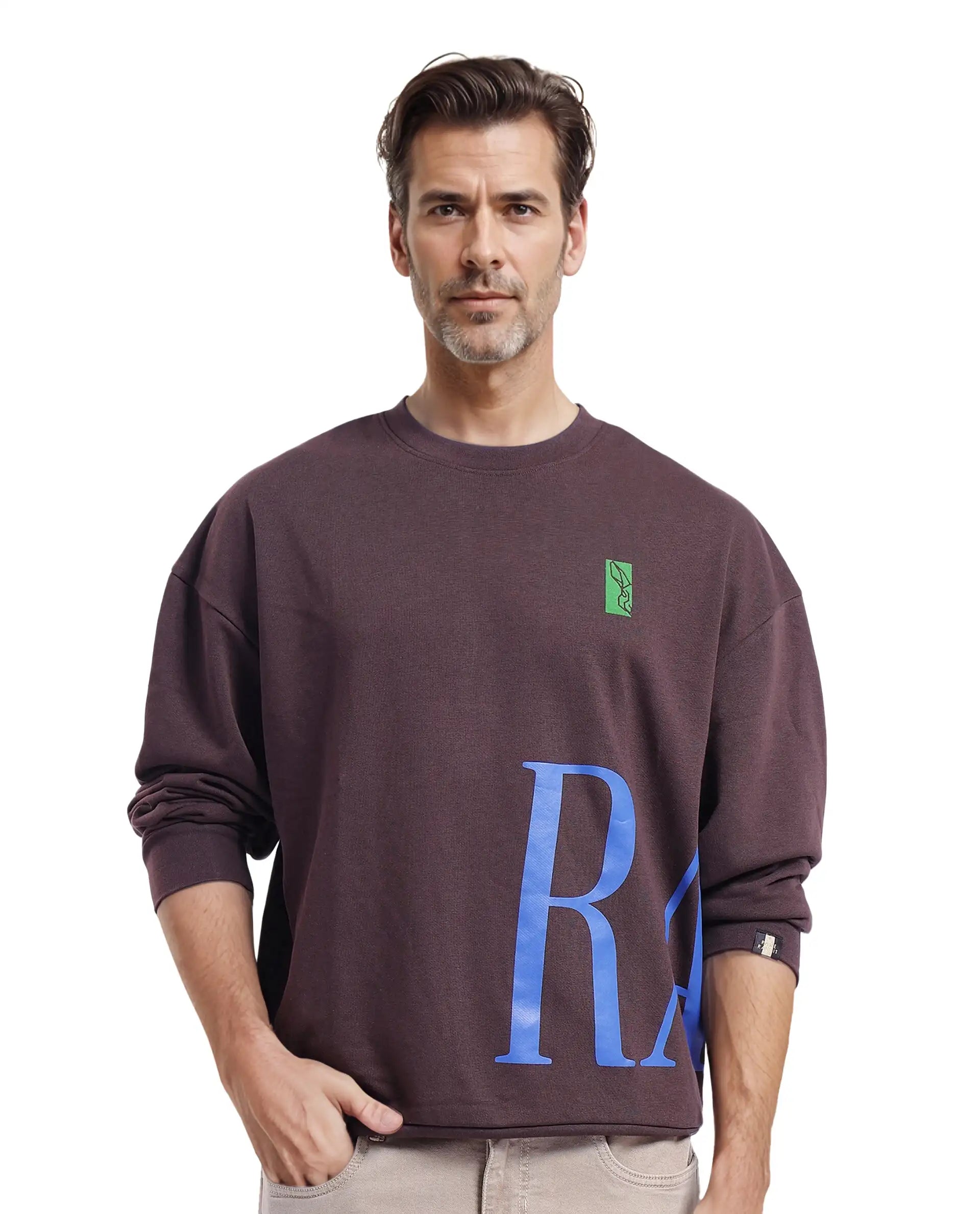 Men's Hoodies for Every BudgetRare Rabbit Men's Kacey Dark BrownCotton Blend Fabric Full Sleeve Crew Neck Boxy Fit Flock Print Logo and Placement Print Sweatshirt Men's Hoodies for Every BudgetRare Rabbit Men's Kacey Dark BrownCotton Blend Fabric Full Sleeve Crew Neck Boxy Fit Flock Print Logo and Placement Print Sweatshirt