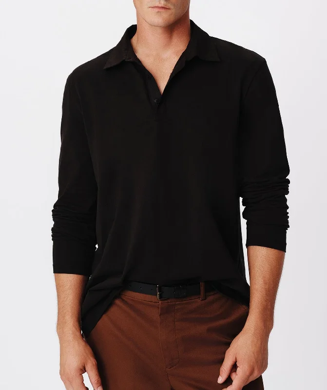 Men's Sweaters with Contrast TrimHeavyweight Jersey Seamed Long Sleeve Polo - Black