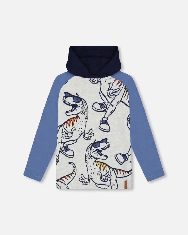 Stylish Men's HenleysRaglan Hooded T-Shirt Gray Mix And Blue
