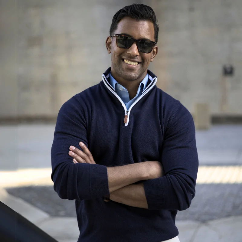 Men's Sweaters with Appliqué DetailsNavy with White Trim Luxury Touch Cotton and Cashmere Quarter Zip Sweater Men's Sweaters with Appliqué DetailsNavy with White Trim Luxury Touch Cotton and Cashmere Quarter Zip Sweater