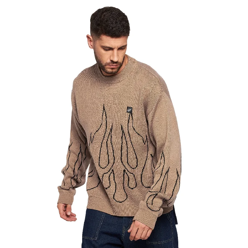 Men's Sweaters with Built-In ScarvesBeige Flames Oversized Sweater
