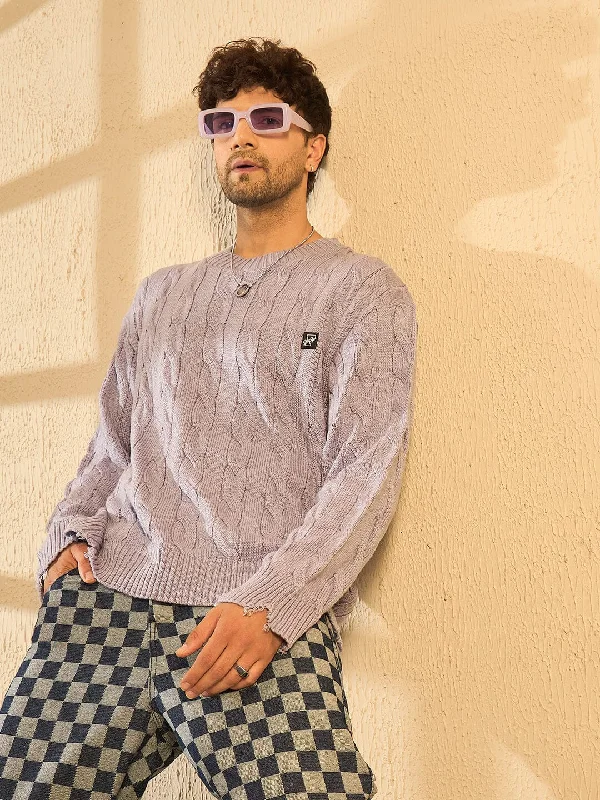 Men's Sweaters with Tailored FitsLavender Cable Knit Distressed Sweater