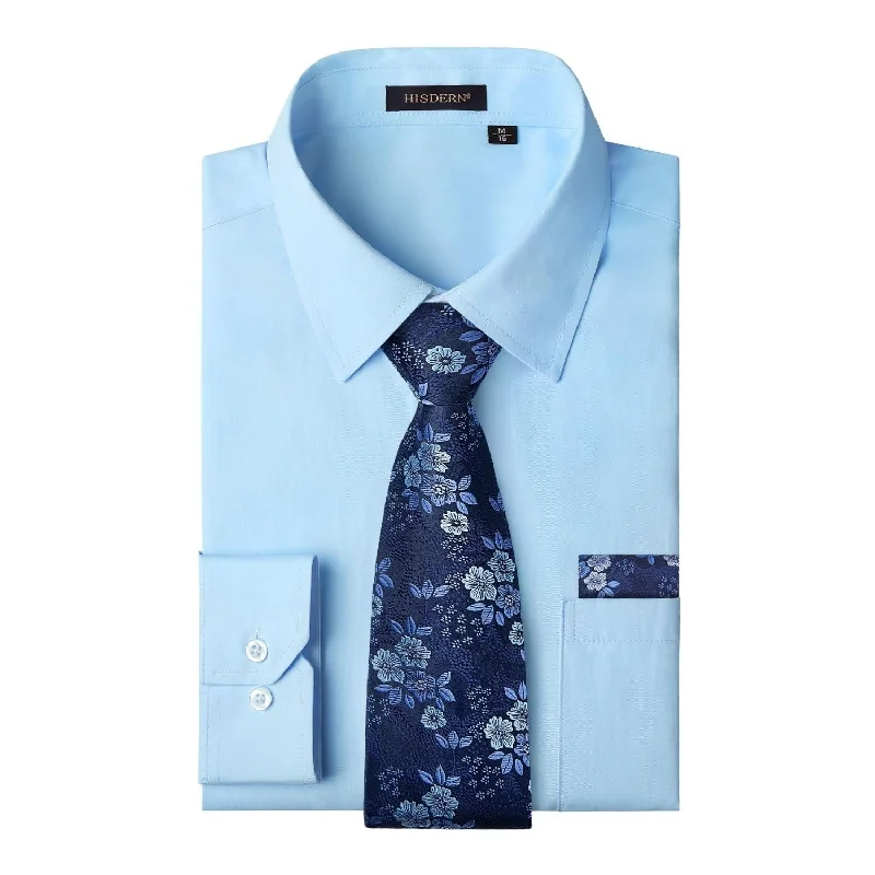 Men's Breathable Shirts for Warm ClimatesMen's Shirt with Tie Handkerchief Set - LIGHT BLUE/BLUE Men's Breathable Shirts for Warm ClimatesMen's Shirt with Tie Handkerchief Set - LIGHT BLUE/BLUE