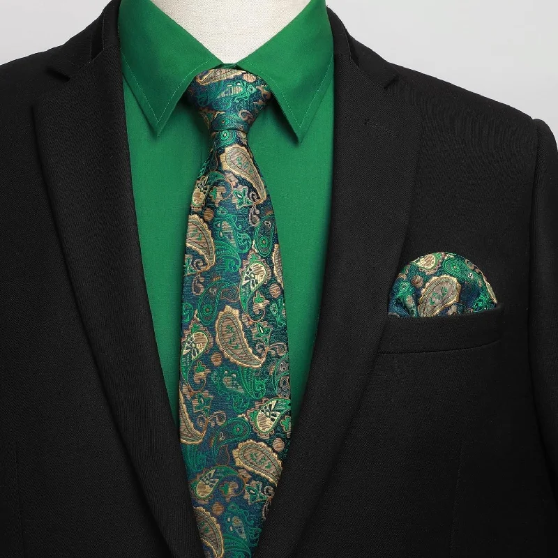 Men's Short-Sleeve Shirts for Warm WeatherMen's Shirt with Tie Handkerchief Set - GREEN2/PAISLEY Men's Short-Sleeve Shirts for Warm WeatherMen's Shirt with Tie Handkerchief Set - GREEN2/PAISLEY