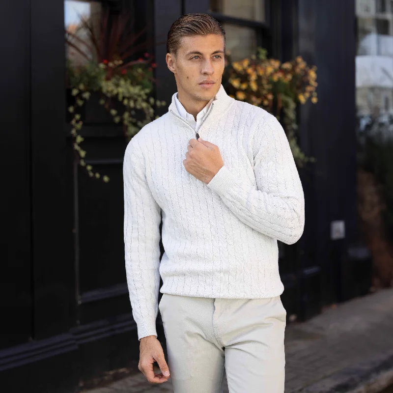 Men's Sweaters with Fair Isle PatternsCream Kensington Cable Knit Quarter Zip Sweater