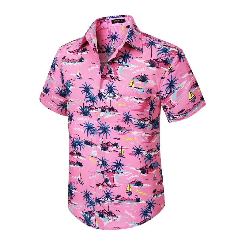 Men's Camping Shirts for Outdoor AdventuresFunky Hawaiian Shirts with Pocket - 21-PINK/PALM TREE Men's Camping Shirts for Outdoor AdventuresFunky Hawaiian Shirts with Pocket - 21-PINK/PALM TREE