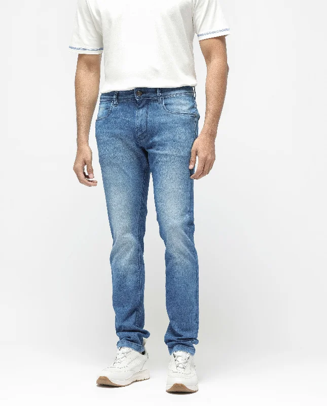 Zip-Fly Men's JeansRare Rabbit Men's Arbok Blue Mid Wash Mid Rise Slim Fit Jeans