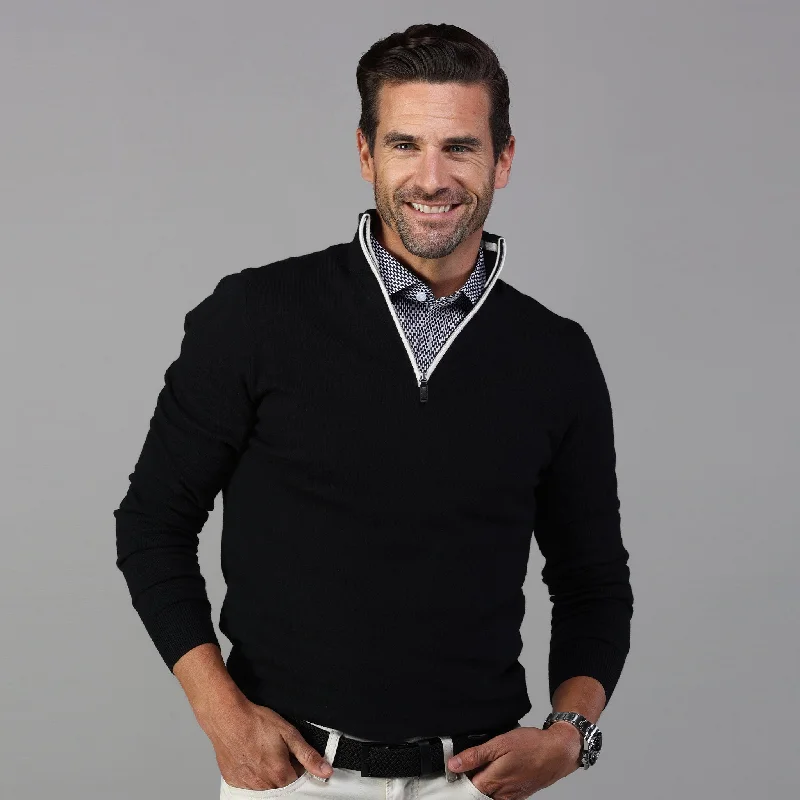 Men's Sweaters with Unique and Custom DesignsBlack with White Trim Luxury Touch Cotton and Cashmere Quarter Zip Sweater