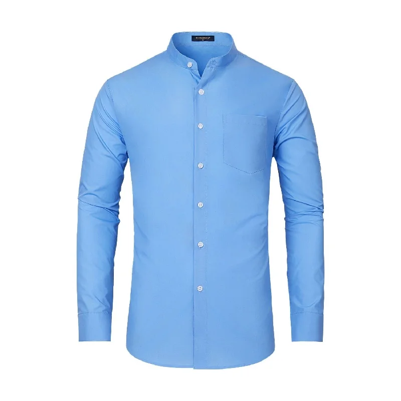Men's Easy-Care Shirts for Busy LifestylesMen's Blue Grandad Collar Shirt Wedding Regular Fit with Pocket
